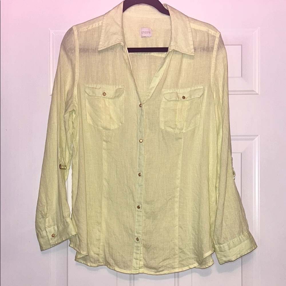 Chico's Linen Women's Button-Up Top 2 (LG 12-14) Yellow Tab Sleeves Casual